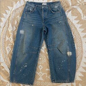 Free People Washed Blue Distressed Wide-Leg Jeans